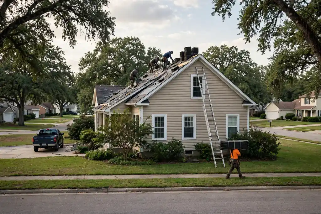 Roofing workers installing shingles on a residential roof