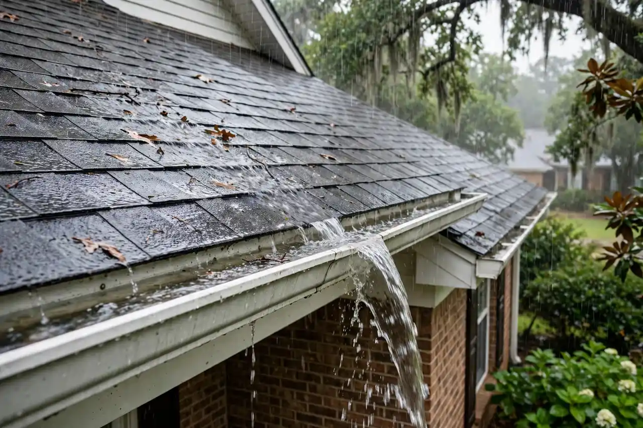 Roofing services work on a home exterior