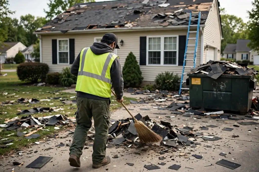 Roofing services work on a home exterior